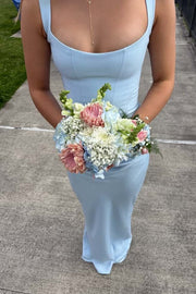 Light Blue Square Neck Draped Long Dress