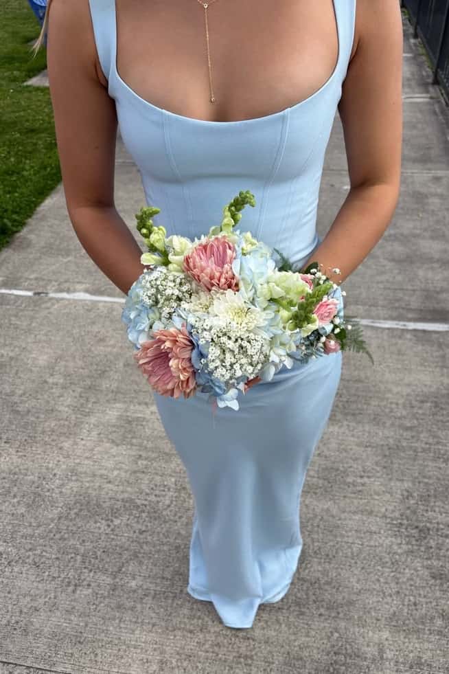 Light Blue Square Neck Draped Long Dress