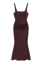 Dark Red Square Neck Draped Long Dress