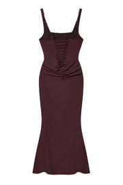 Dark Red Square Neck Draped Long Dress