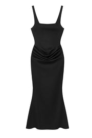 Dark Red Square Neck Draped Long Dress