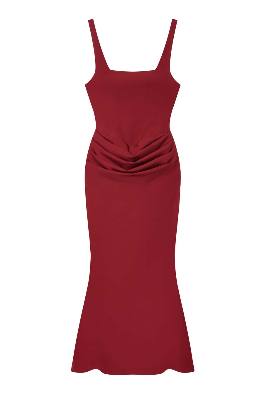 Dark Red Square Neck Draped Long Dress