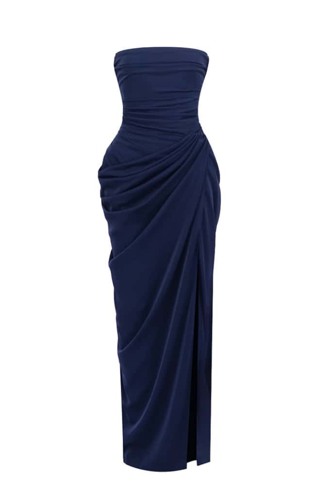 Wine Red Strapless Draped Column Gown