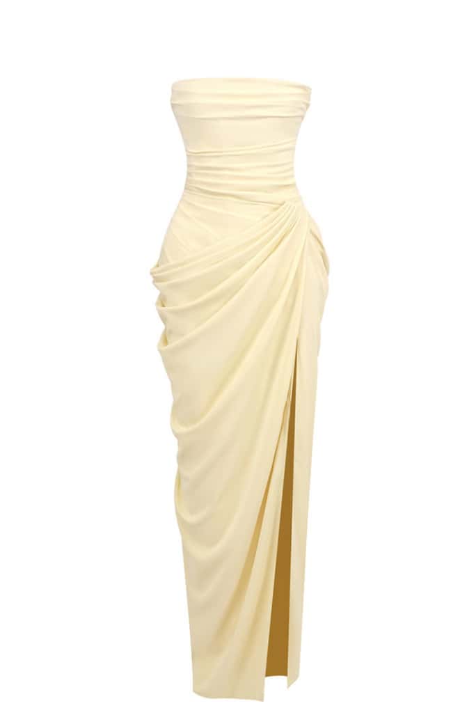 Wine Red Strapless Draped Column Gown