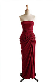 Wine Red Strapless Draped Column Gown