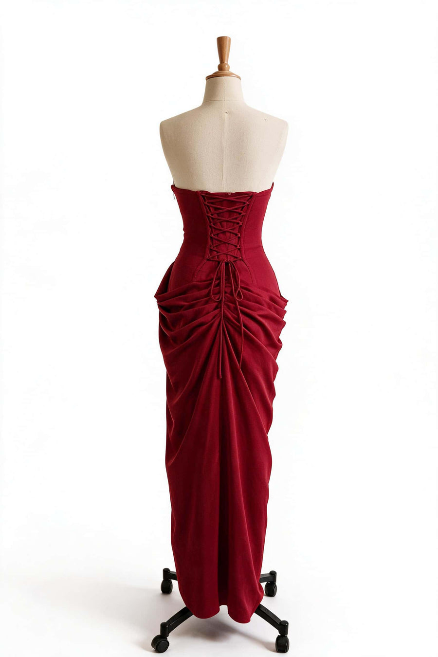Wine Red Strapless Draped Column Gown