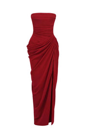 Wine Red Strapless Draped Column Gown