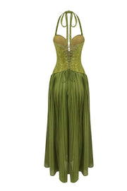 Olive Green Halter Lace Pleated Maxi Dress