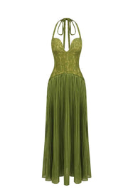 Olive Green Halter Lace Pleated Maxi Dress