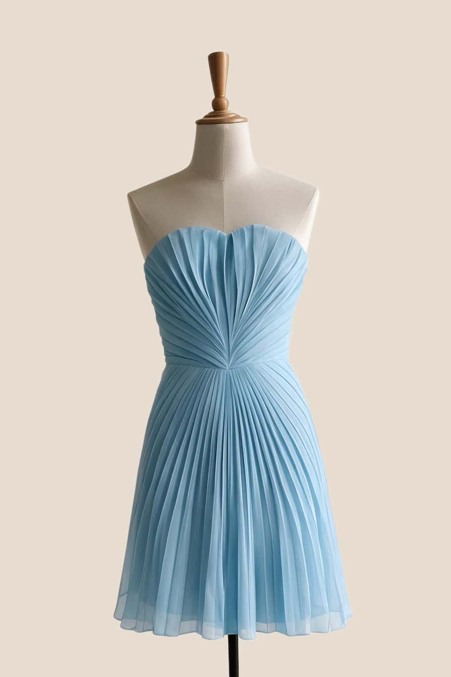 Light Blue Pleated Sweerheart A-line Dress
