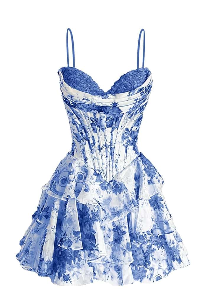 Straps Blue Floral Corset Short Ruffle Dress