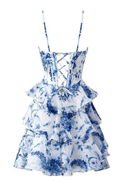 Straps Blue Floral Corset Short Ruffle Dress
