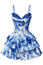 Straps Blue Floral Corset Short Ruffle Dress