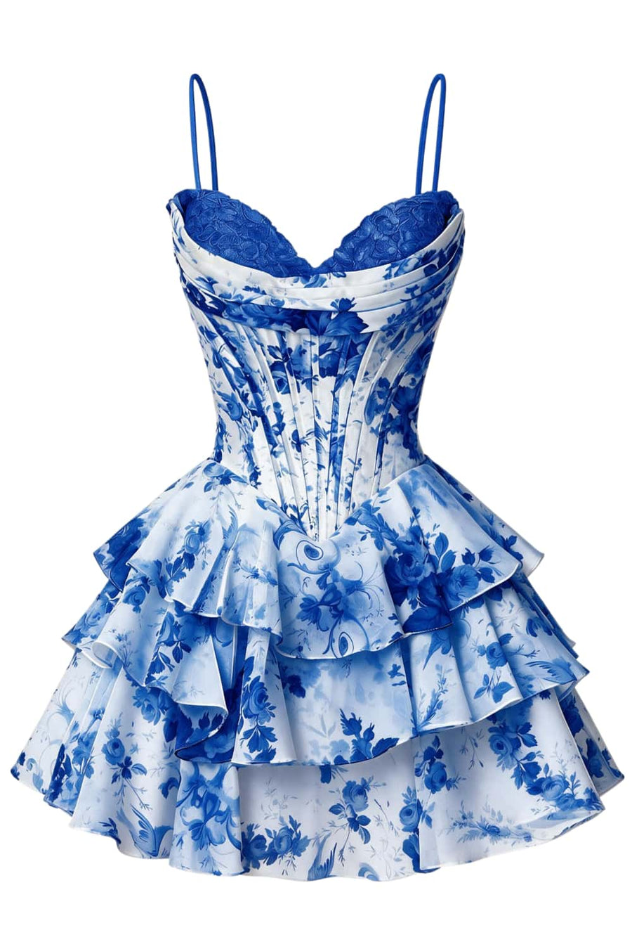 Straps Blue Floral Corset Short Ruffle Dress