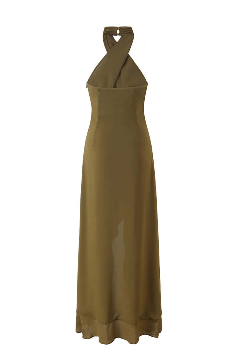 Olive Green Cross Halter Beaded Long Dress