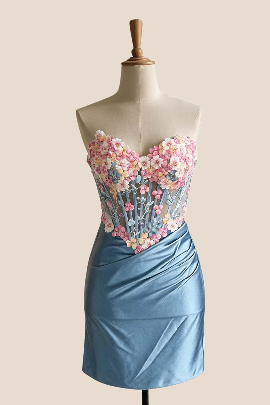 Blue Floral Embroidery Tight Short Dress