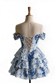 Off the Shoulder Blue Floral Corset Short Ruffle Dress