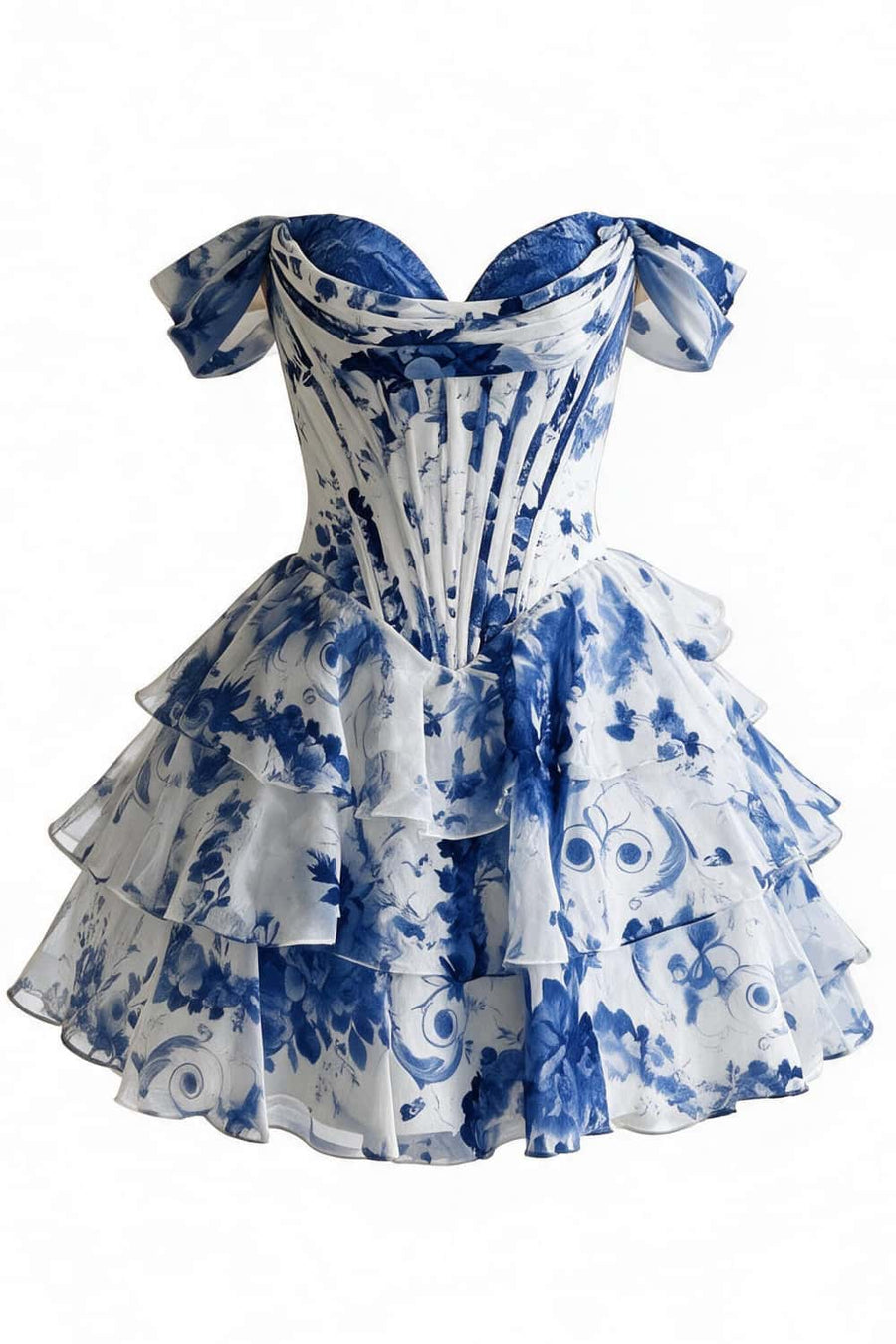 Off the Shoulder Blue Floral Corset Short Ruffle Dress