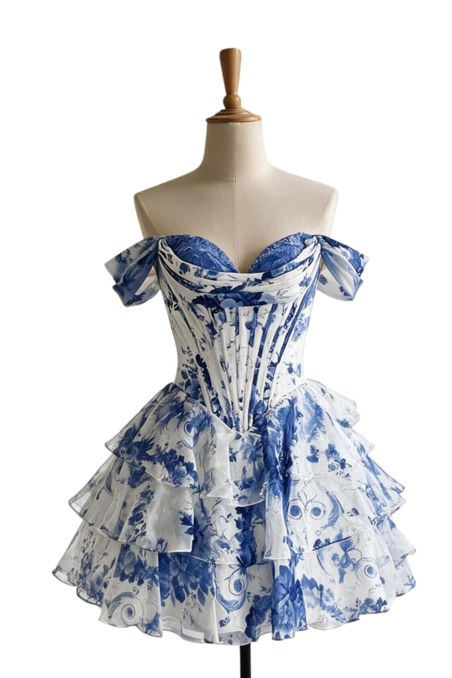 Off the Shoulder Blue Floral Corset Short Ruffle Dress