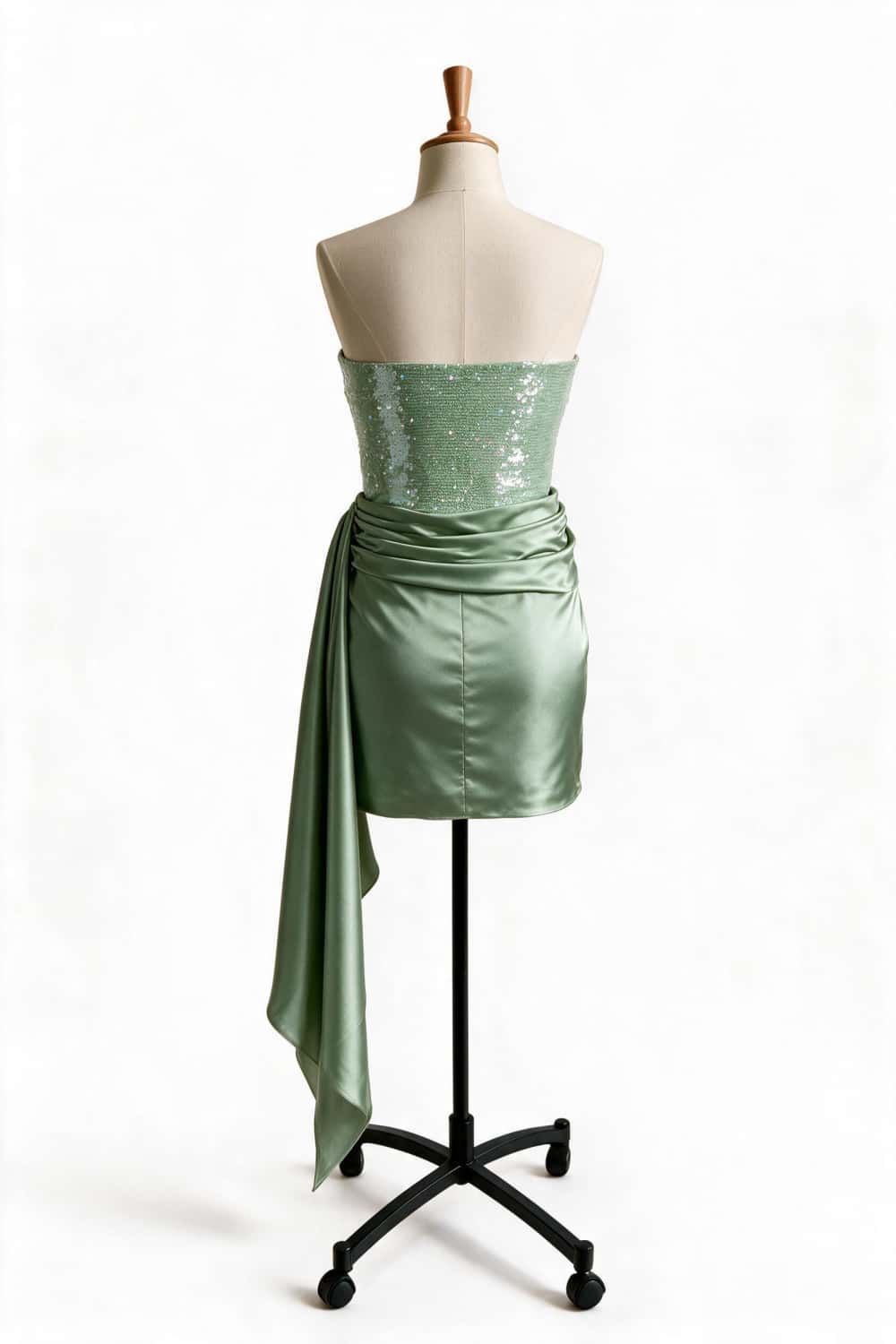 Sage Green Sequin and Satin Ruched Dress