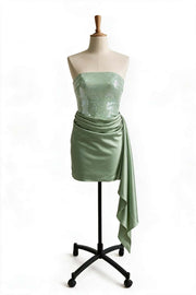 Sage Green Sequin and Satin Ruched Dress