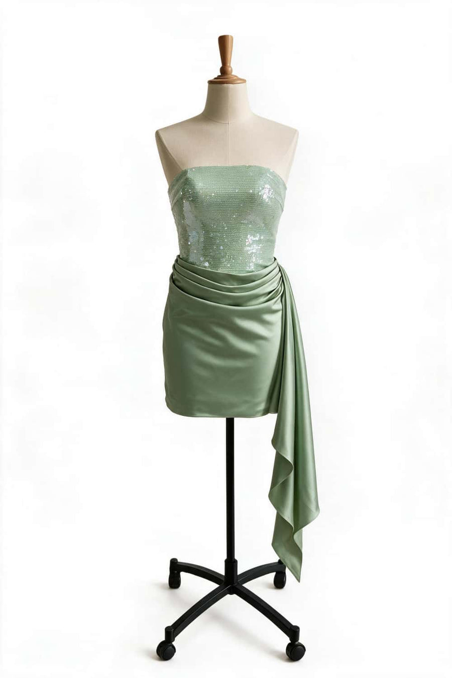 Sage Green Sequin and Satin Ruched Dress