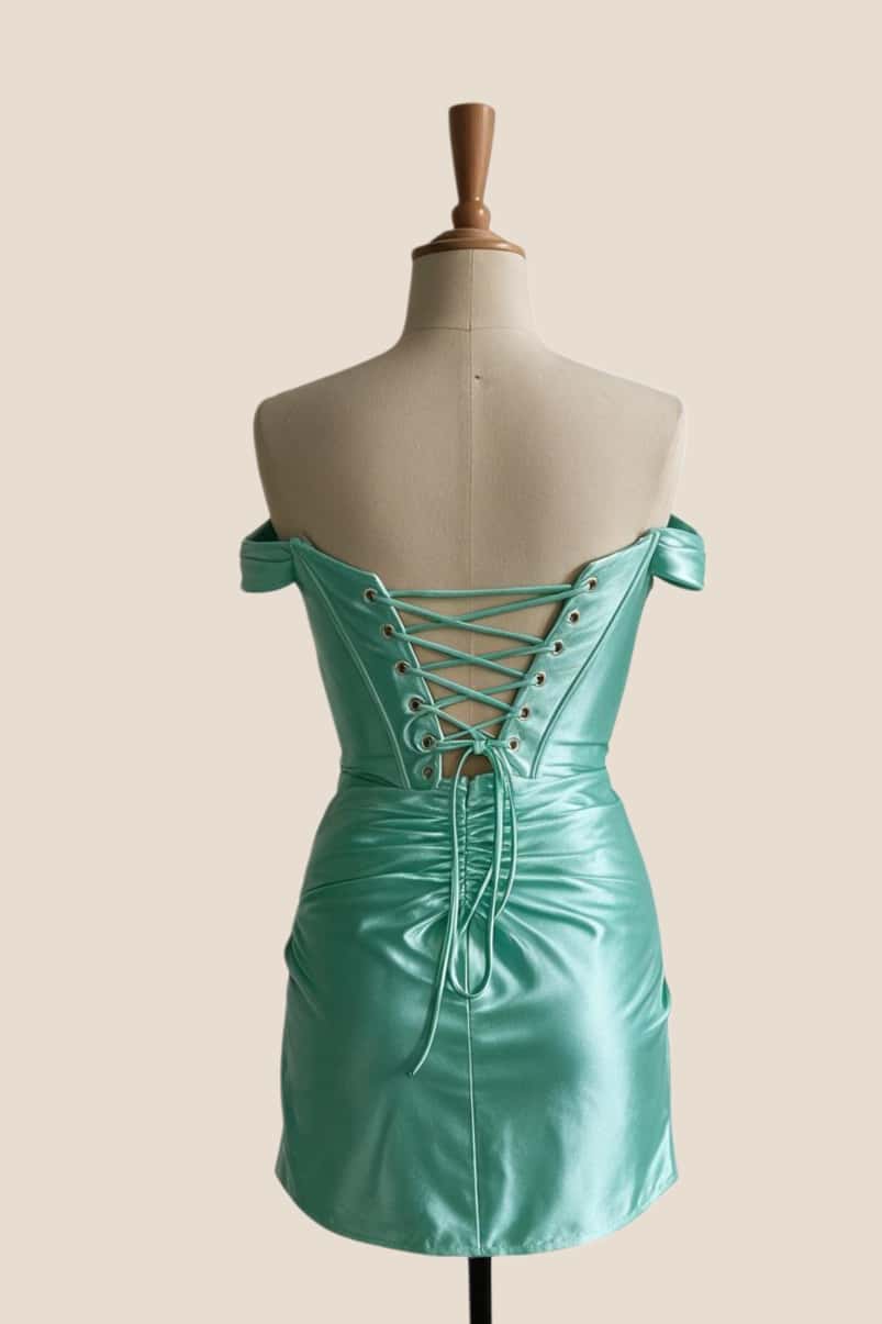 Off the Shoulder Aqua Ruched Short Homecoming Dress