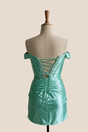 Off the Shoulder Aqua Ruched Short Homecoming Dress
