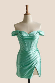 Off the Shoulder Aqua Ruched Short Homecoming Dress