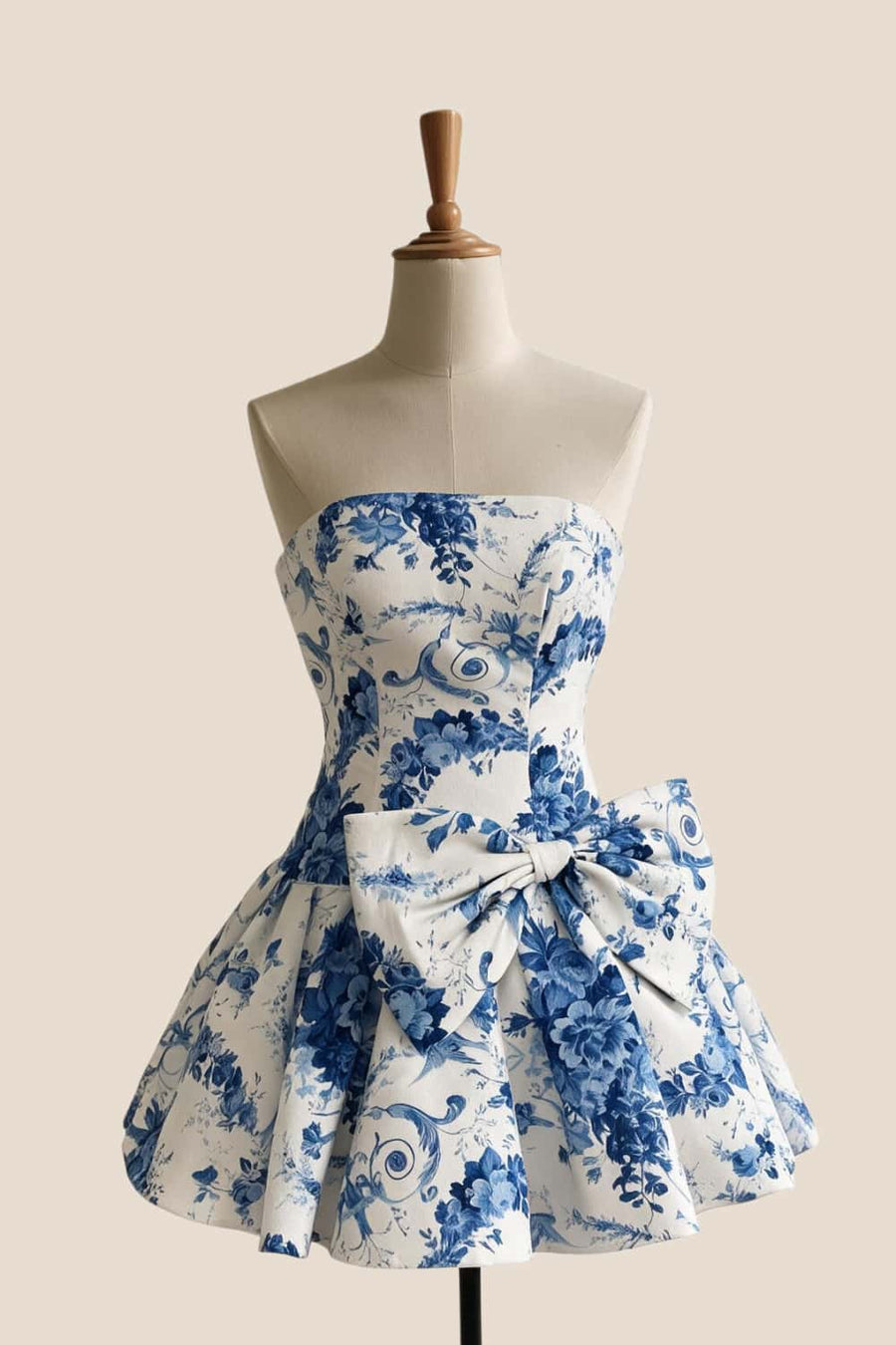 Blue Floral Strapless A-line Short Dress