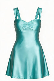 Navy Blue Ruched Satin Short Dress