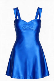 Navy Blue Ruched Satin Short Dress