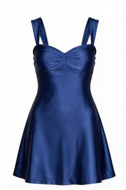Navy Blue Ruched Satin Short Dress