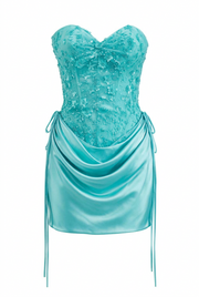 Beaded Light Blue Satin Ruched Short Dress