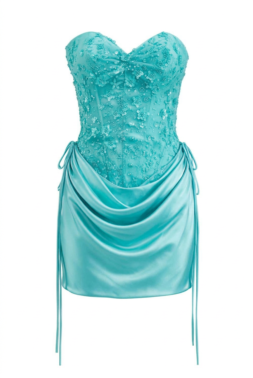 Beaded Light Blue Satin Ruched Short Dress