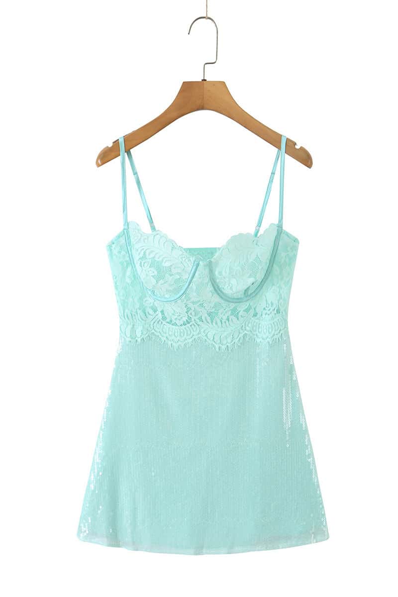 Mint Sequin Lace Bustier Short Dress