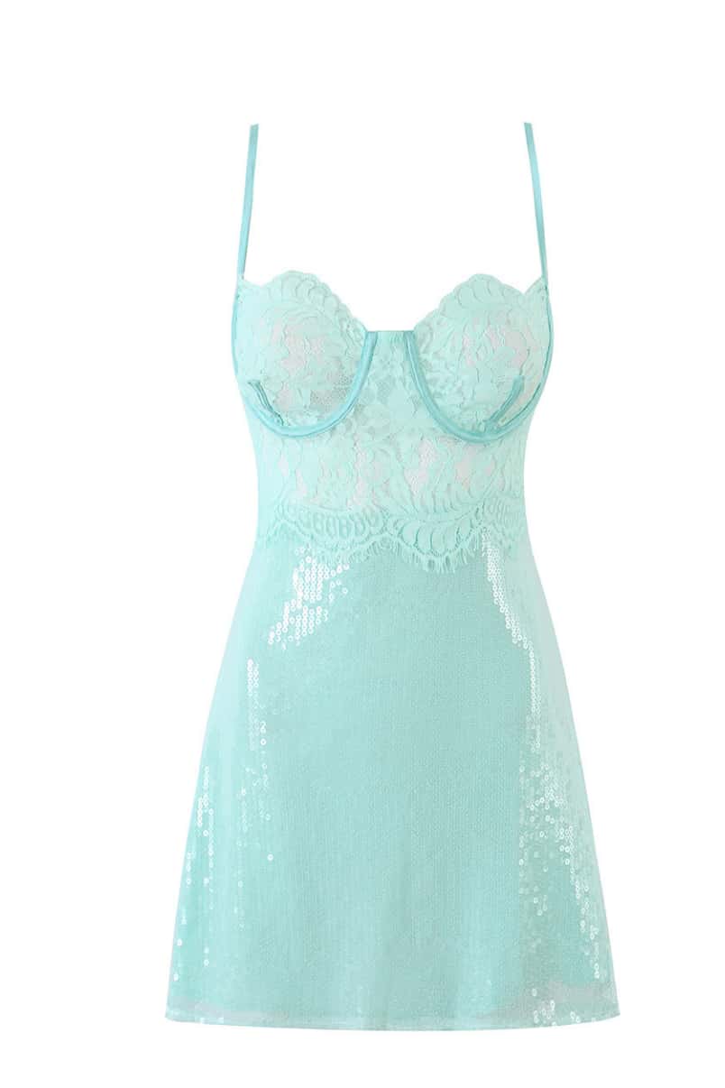 Mint Sequin Lace Bustier Short Dress