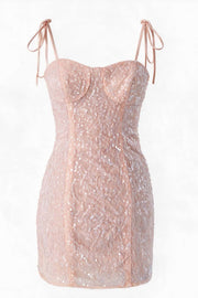Tie Shoulder Straps Sequin Yellow Fitted Dress