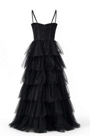 Straps Black Tiered Ruffles Long Maxi Dress