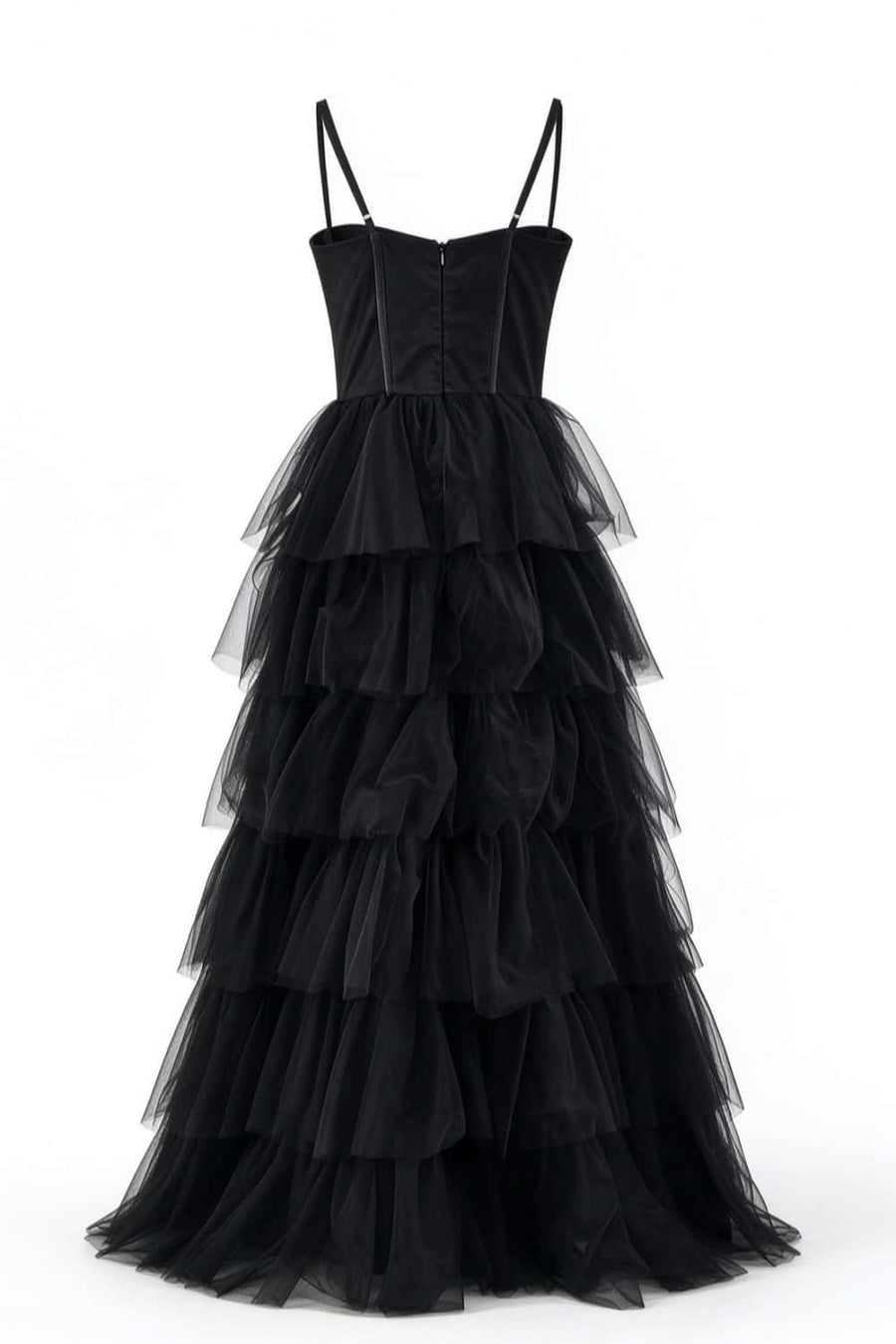 Straps Black Tiered Ruffles Long Maxi Dress