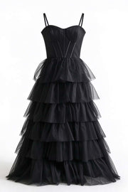 Straps Black Tiered Ruffles Long Maxi Dress