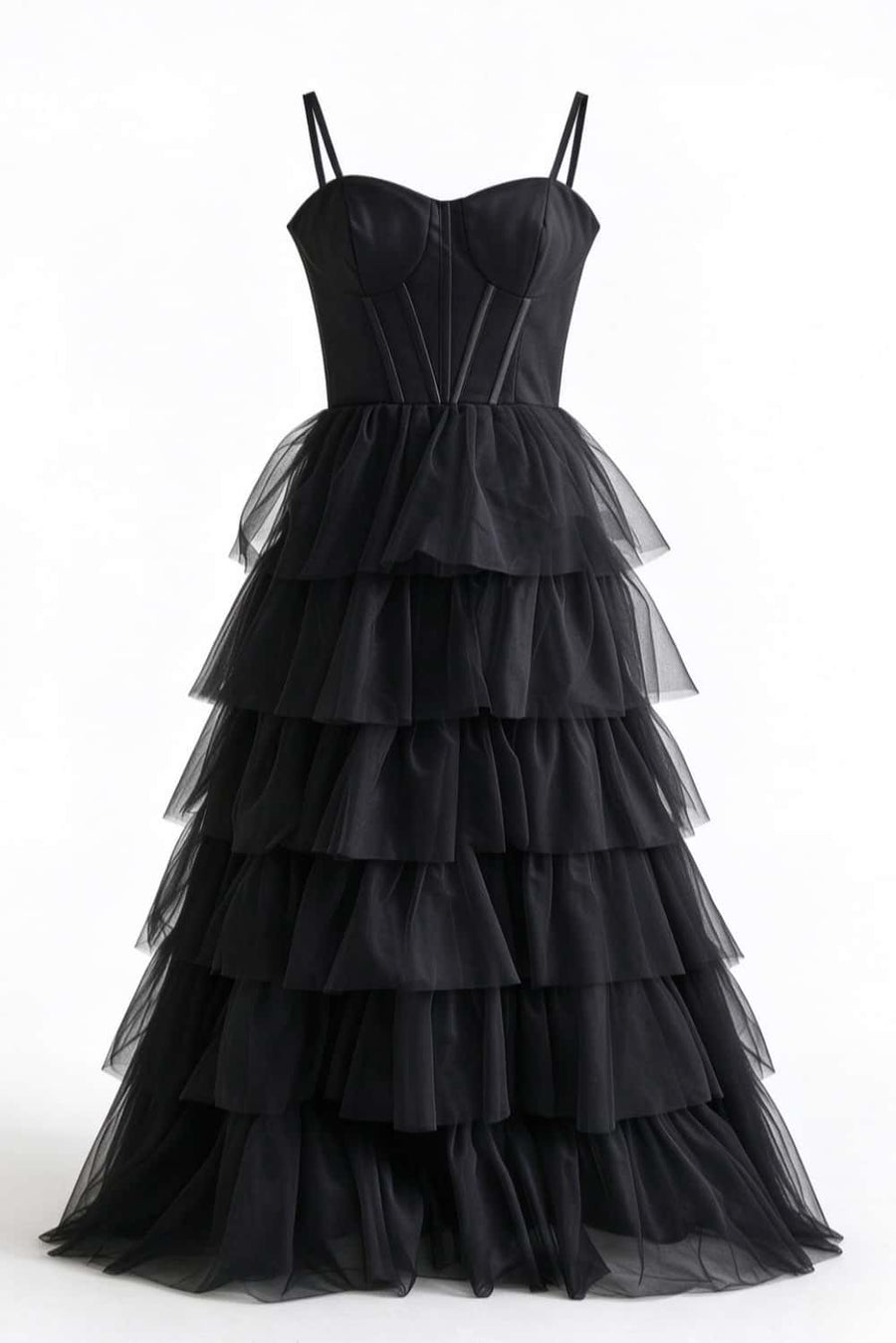 Straps Black Tiered Ruffles Long Maxi Dress