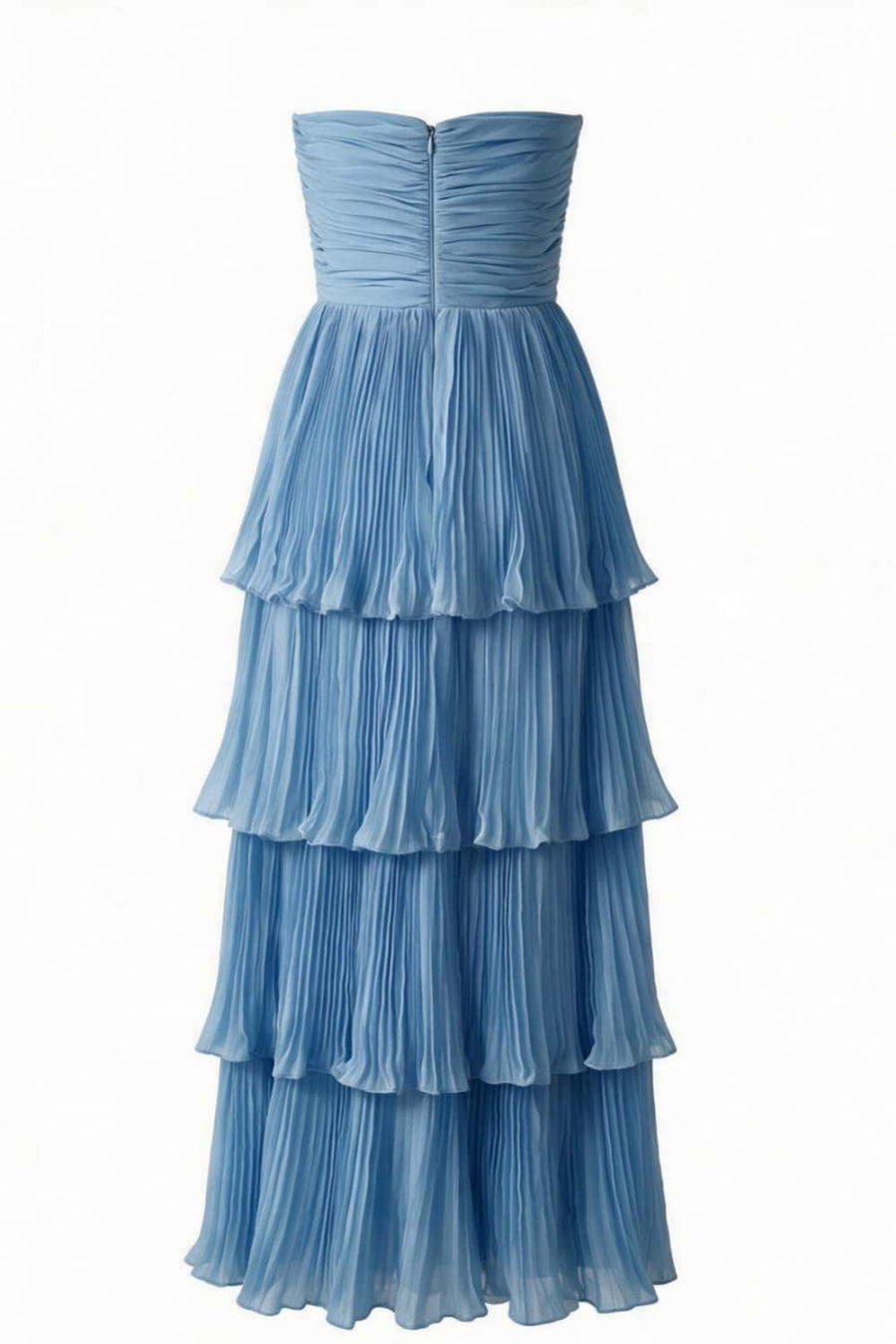 Blue Strapless Chiffon Ruffle Long Dress