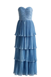 Blue Strapless Chiffon Ruffle Long Dress