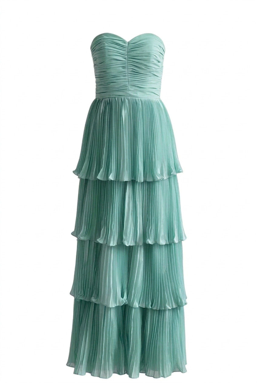 Blue Strapless Chiffon Ruffle Long Dress