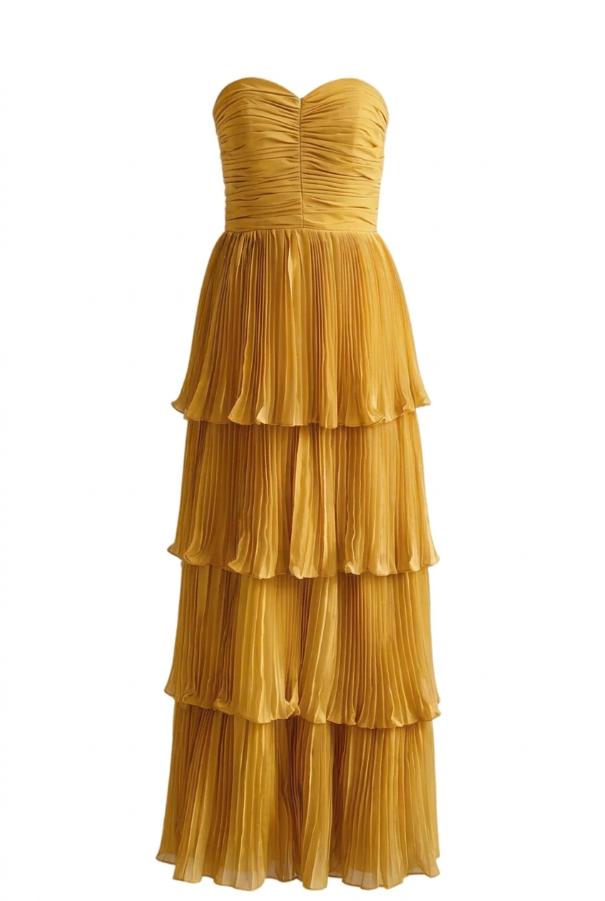 Blue Strapless Chiffon Ruffle Long Dress