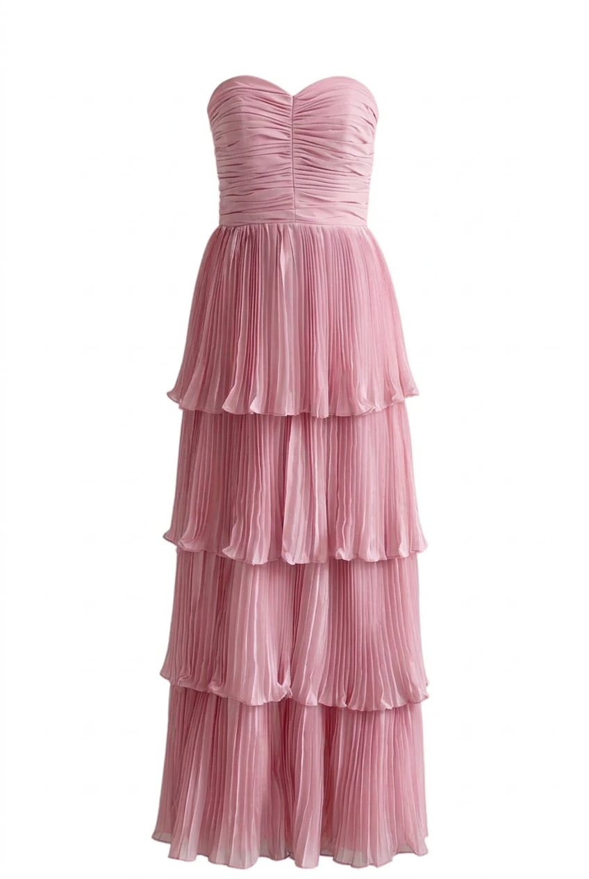 Blue Strapless Chiffon Ruffle Long Dress