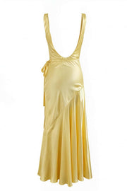 Straps Yellow Open Back Long Dress with Belt