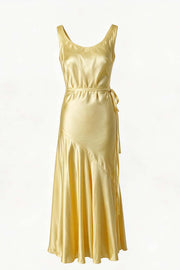 Straps Yellow Open Back Long Dress with Belt