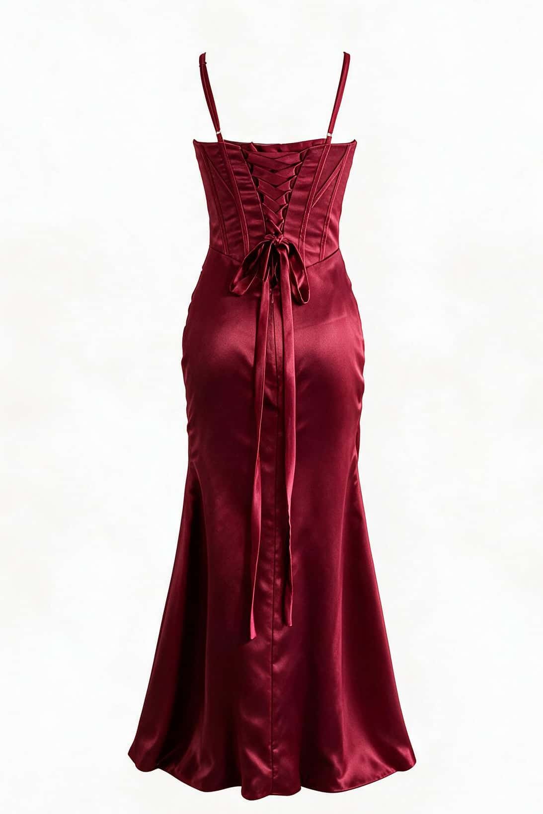 Straps Burgundy Ruched Long Dress with Slit
